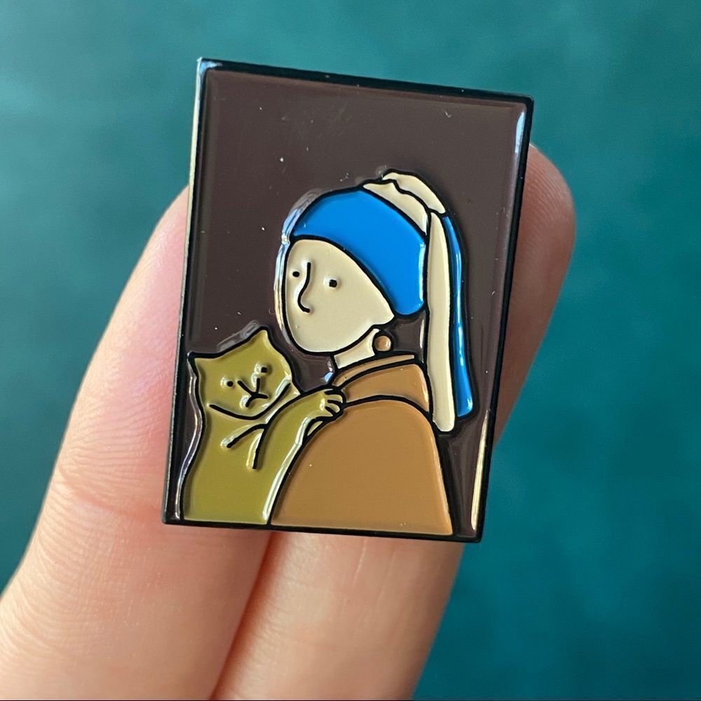 Girl w/ Pearl Earring Cat Ginger Painting Enamel Pin/ Brooch